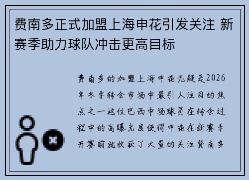费南多正式加盟上海申花引发关注 新赛季助力球队冲击更高目标