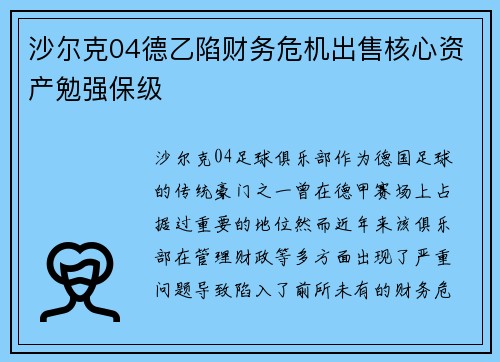 沙尔克04德乙陷财务危机出售核心资产勉强保级 沙尔克04德乙陷财务危机出售核心资产勉强保级